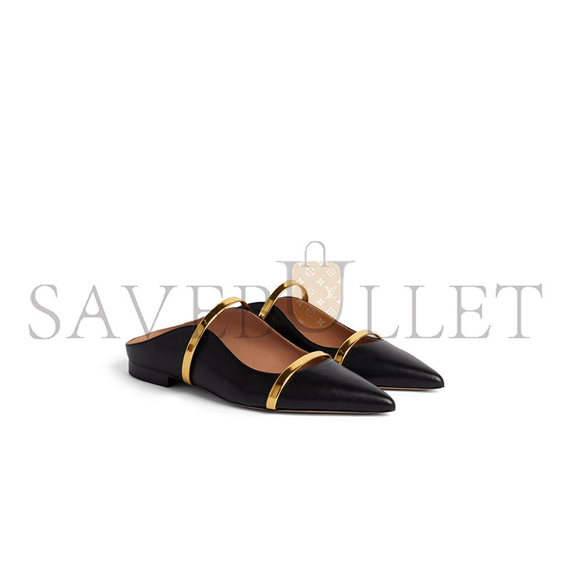 MALONE SOULIERS MAUREEN BLACK & GOLD LEATHER FLAT MULES MAUREENFLAT29BLK